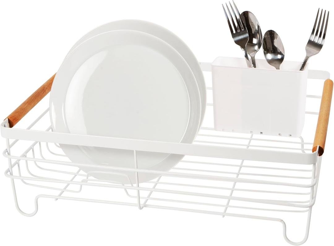 OGGI Large Dish Drying Rack - White & Bamboo Dish Drying Rack, Drying Rack Kitchen, Dish Rack, Dish Racks for Kitchen Counter, Durable Coated Steel Kitchen Drying Rack with Cutlery Holder (Dish Drain w/Utensil Caddy)