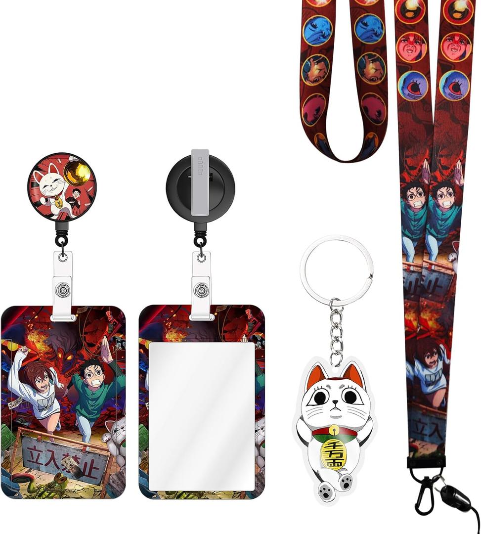 Anime Lanyard with Retractable Badge Reel and Funny Momo ID Badge Holder(with Anime Keychain) 4PCS Set Swivel Clip Alligator Badge Reel for Nurses Student Teacher Women Men