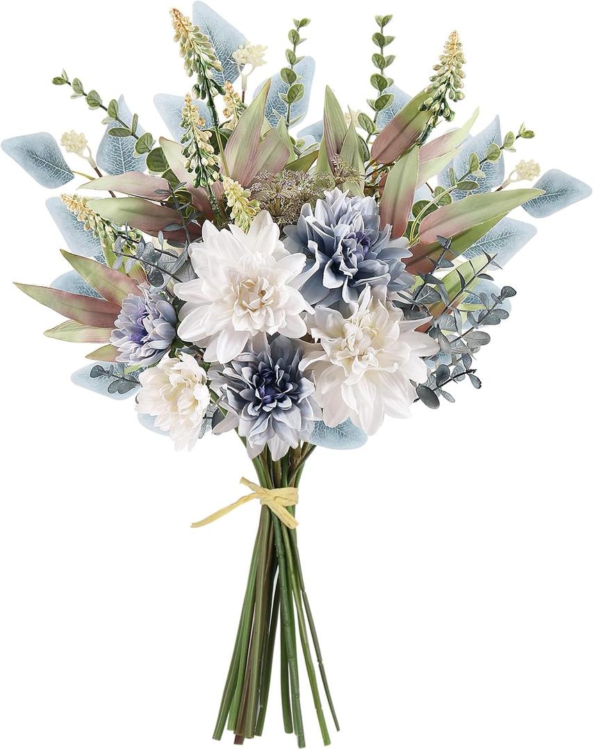 Fake Artificial Flowers Bouquet for Decoration, Silk Floral Arrangements Faux Flowers Plant Wedding Bride Bouquets Tables Centerpieces for Rustic Home Decor Indoor Vase Floral Table Decor (Blue White)