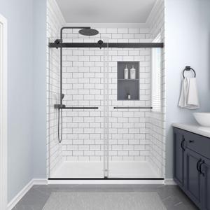 Frameless Double Sliding Shower Door: 56-60 in. W x 74 in. H, 5/16 (8mm) Clear Tempered Glass with Explosion-Proof Film Soft-Close Mechanism for Bathroom Shower, Matte Black