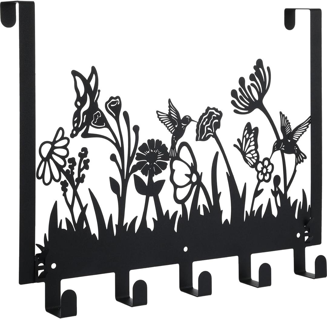 Geelin Metal Hummingbird Flower Over The Door Hooks Wildflowers Over The Door Nature Wall Decor with 5 Hooks Towel Holder for Bathroom Bedroom Kitchen Living Room Home Decor Gift