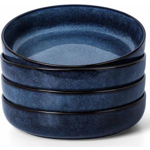 Herogo Stoneware Pasta Bowls Set of 4, Large Wide Shallow 37oz Plates and Serving Bowls Sets for Salad Soup Cereal, Microwave & Dishwasher Safe, Starry Blue