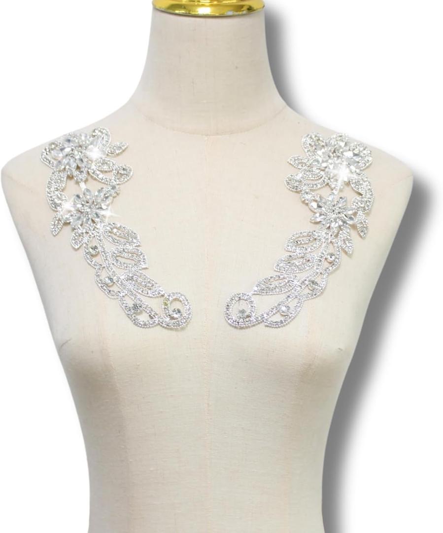 PEARLY JUN Rhinestone Appliques Silver Diamond Applique Patches for Dresses Hand Sewing Craft Projects DIY Wedding Clothes Shoes Hats Bags Embellishments