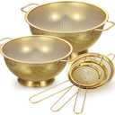 Baderke 2 Pcs Gold Strainers and Colanders Set Including 4/5 Quart Stainless Steel Colanders with Handles and 3 Pcs Fine Mesh Strainers for Kitchen Draining Rinsing Pasta Vegetables Rice
