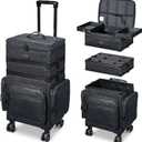 BYOOTIQUE 3in1 Soft Sided Rolling Makeup Train Case Cosmetology Case On Wheels Large Organizer Storage Cosmetic Trolley with Adjustable Divider for Makeup Artist Nail Wedding Travel Glitter Black