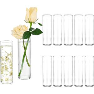 Hewory Cylinder Glass Bud Vases: Set of 12 Small Clear Skinny Single Flower Vase for Centerpieces - Minimalist Bulk Vases for Wedding Birthday Bridal Shower Party Events Table Decor, 5.91"(H)×1.8"(D)