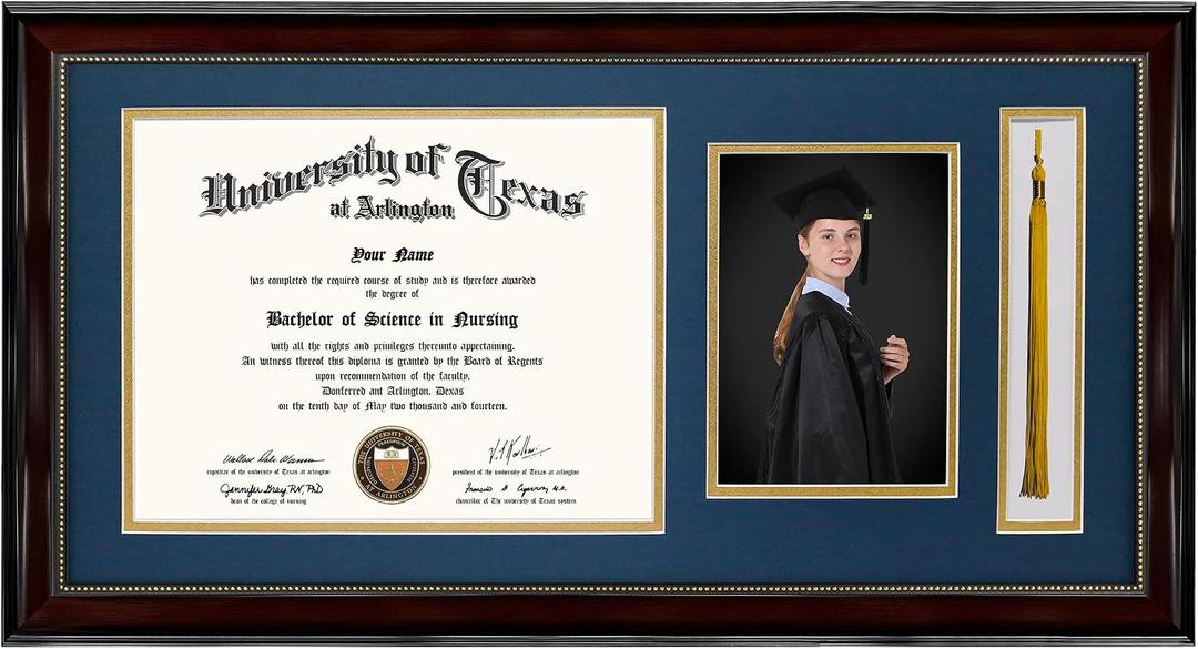 GraduationMall 11x22 Mahogany Diploma Frame with Tassel Holder and Picture for 8.5x11 Certificate 5x7 Photo,Real Glass,Navy over Gold Mat