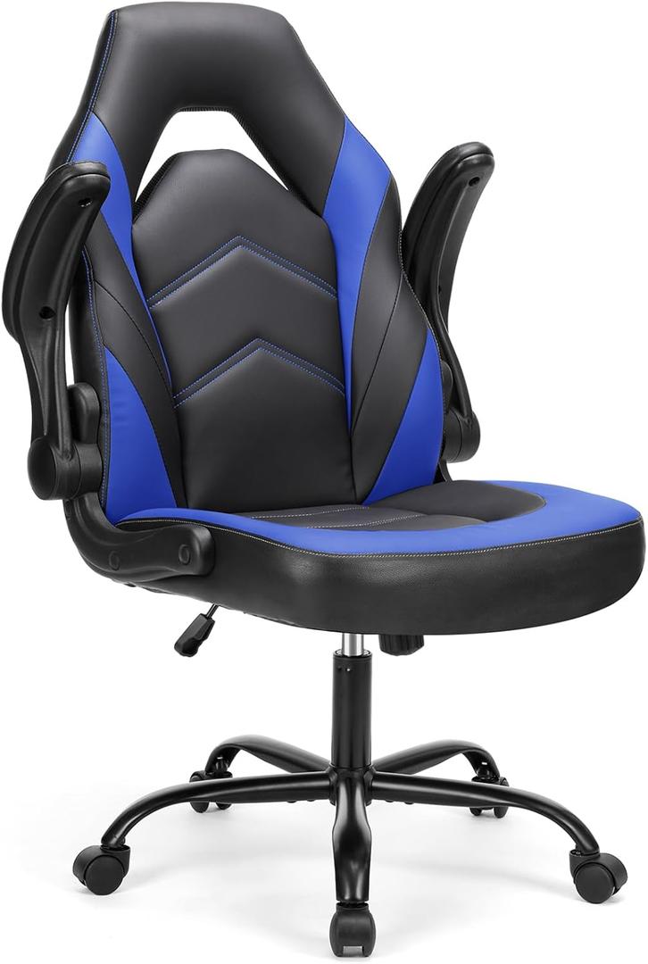 Sweetcrispy Computer Video Game Chair - Ergonomic Home Office with Comfy Lumbar Support, PU Leather Height Adjustable with Flip-up Armrest and 360 Swivel Wheels, Blue, for Adults, Teens