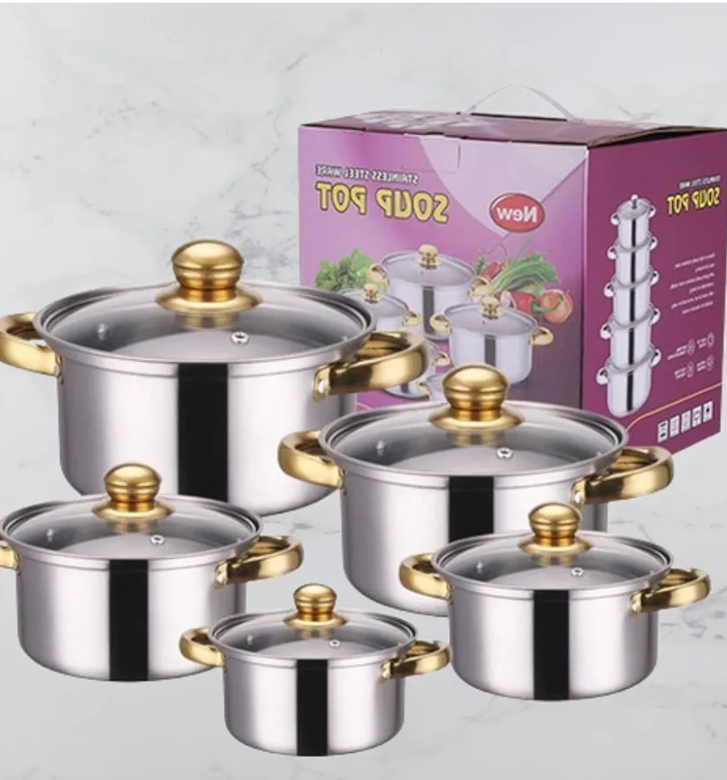 Stainless Steel Cookware Set, 5 Piece, Gold Handles, Glass Lids
