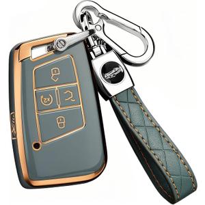 Montague Key Fob Cover for Volkswagen with Keychain, Premium TPU Key Case Compatible with VW Tiguan Atlas Taos SEL Jetta GLI Passat Arteon Remote Start Protector5 Buttons Gray