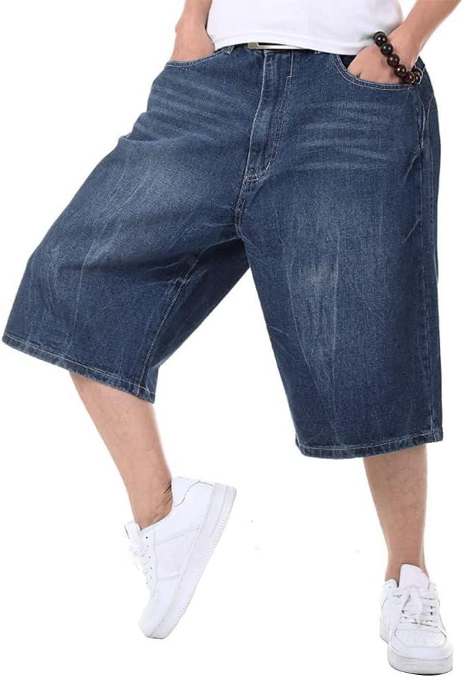 Kinghua Baggy Jean Shorts for Men Casual Loose Fit Hip Hop Skateboard Denim Shorts (34, Dark Blue 102-1)