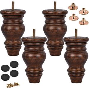 5 inch / 12cm Wooden Furniture Legs, Pack of 4 Glaze Solid Wood Turned DIY Replacement Bun Feet with M8 Hanger Bolts & T-Nuts or Sofa Couch Cabinet Recliner Ottoman Riser