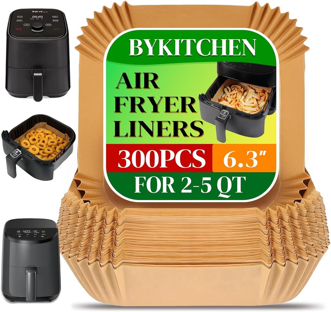 BYKITCHEN 300PCS Small Air Fryer Disposable Liners for 2 to 5QT Airfryer, Square Mini Air Fryer Parchment Paper Liners, Compatible with CHEFMAN 2 QT/ 4 QT, Cosori 2.1QT, Instant Pot Vortex 4Qt& More