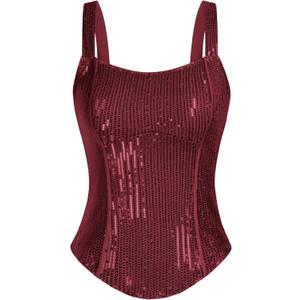 GRACE KARIN Sequin Tank Tops for Women Bustier Corset Top Sparkle Sexy Slim Camisole Sleeveless Party (Large, Wine Red)