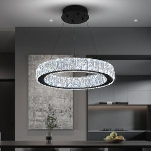 Modern LED Crystal Dimmable Chandelier 23.6" Ring Pendant Light Adjustable Black Round Crystal Chandelier Light Fixtures for Dining Room Living Room