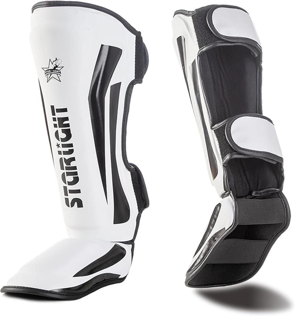 MMA Martial Arts Shin Guards  Padded, Adjustable Muay Thai Leg Guards with Instep Protection for Kickboxing/MMA Training and Sparring  Durable, Professional Equipment (Medium, White)