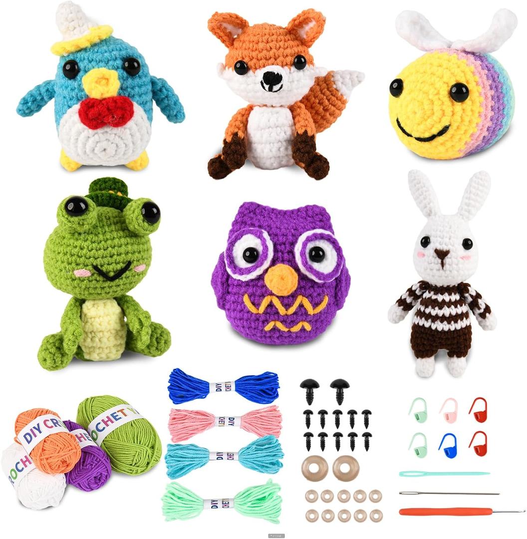 6Pcs Crochet Kit for Beginners, 2025 Upgraded Animal Crochet Kit, DIY Craft for Adults and Kids, All in One Crochet Knitting Kit, Comes with Step-by-Step Video Tutorials(B) (Orange)