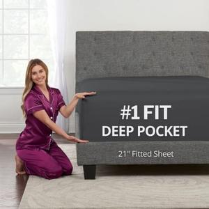 Queen Fitted Sheet Only Deep–Pocket – Extra Deep Pocket Queen Fitted Sheet – 21” Fitted Sheets Perfectly Fit 17”–23” Deep Mattress & Toppers – Lovely Joyful Feel – 1 Bottom Sheet Queen Size Dark Grey