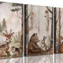 3Pcs Woodland Nursery Canvas Wall Art Cute Neutral Vintage Forest Wild Animals Bear Deer Fox Landscape Watercolor Painting Picture Wall Decor Poster Print Artwork for Baby Kids Room (12x16in)