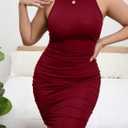 WDIRARA Women's Plus Size Round Neck Sleeveless Ruched Ribbed Knit Bodycon Tank Dress (Red)