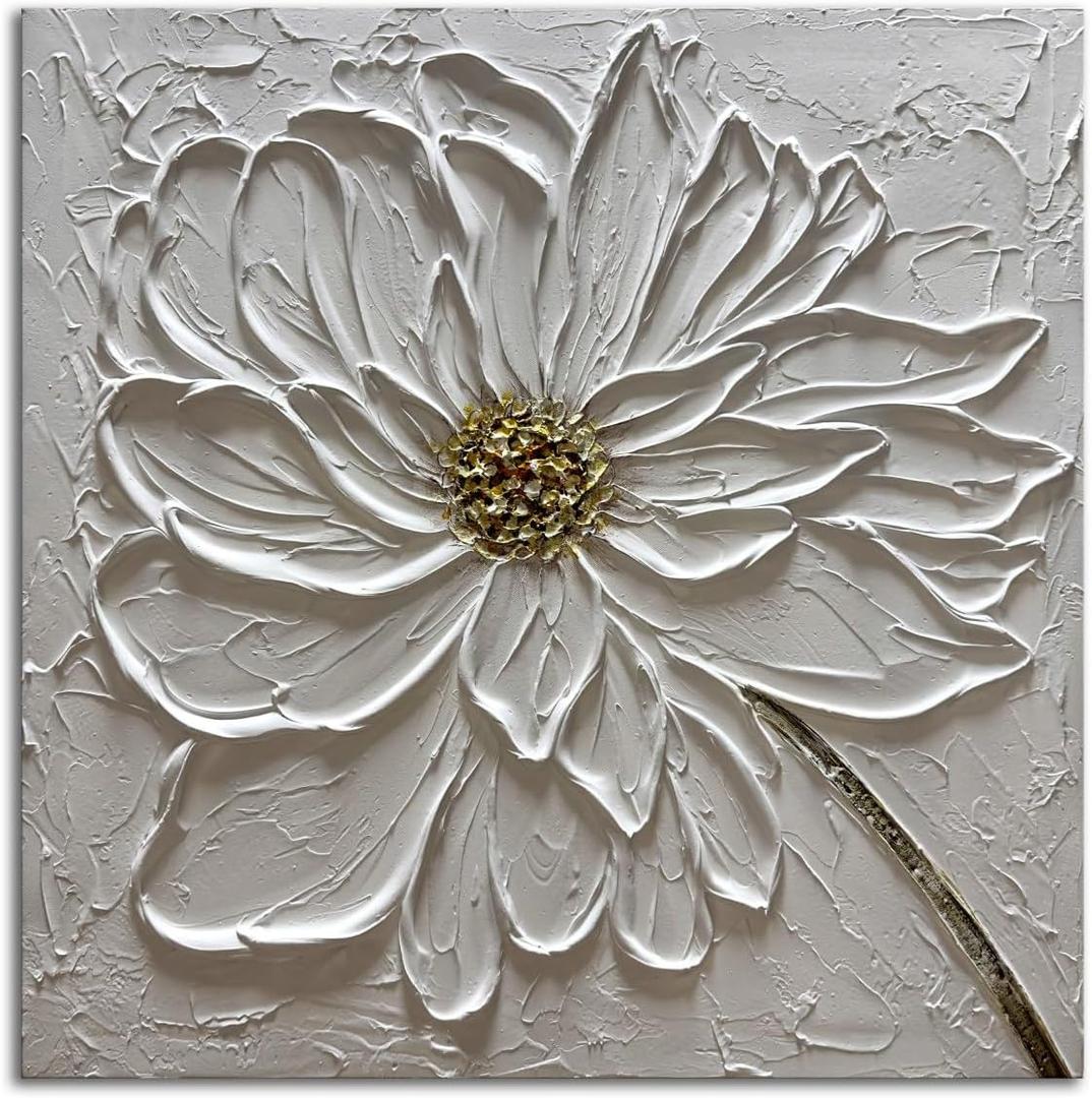 Slyart Hand Paintings 3D Floral Canvas Wall Art 24x24 Inches Abstract White Flower Paintings Modern Contemporary Texture Wall Art White Artwork for Home Decorations