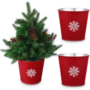 2 Pcs Christmas Galvanized Planter Buckets Snowflake Red Metal Buckets Pot, 6" Height 6" Diameter, Winter Tin Bucket for Party Xmas Centerpiece Home Table Garden Outside Decoration