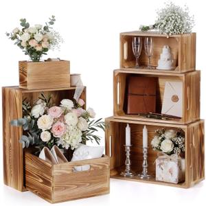 AceOrbit Set of 6 Wood Crates with Handles, Rustic Decorative Storage Boxes Distressed Wooden Nesting Display Baskets for Farmhouse, Wedding, Party Storage Display Supplies(Light Brown)