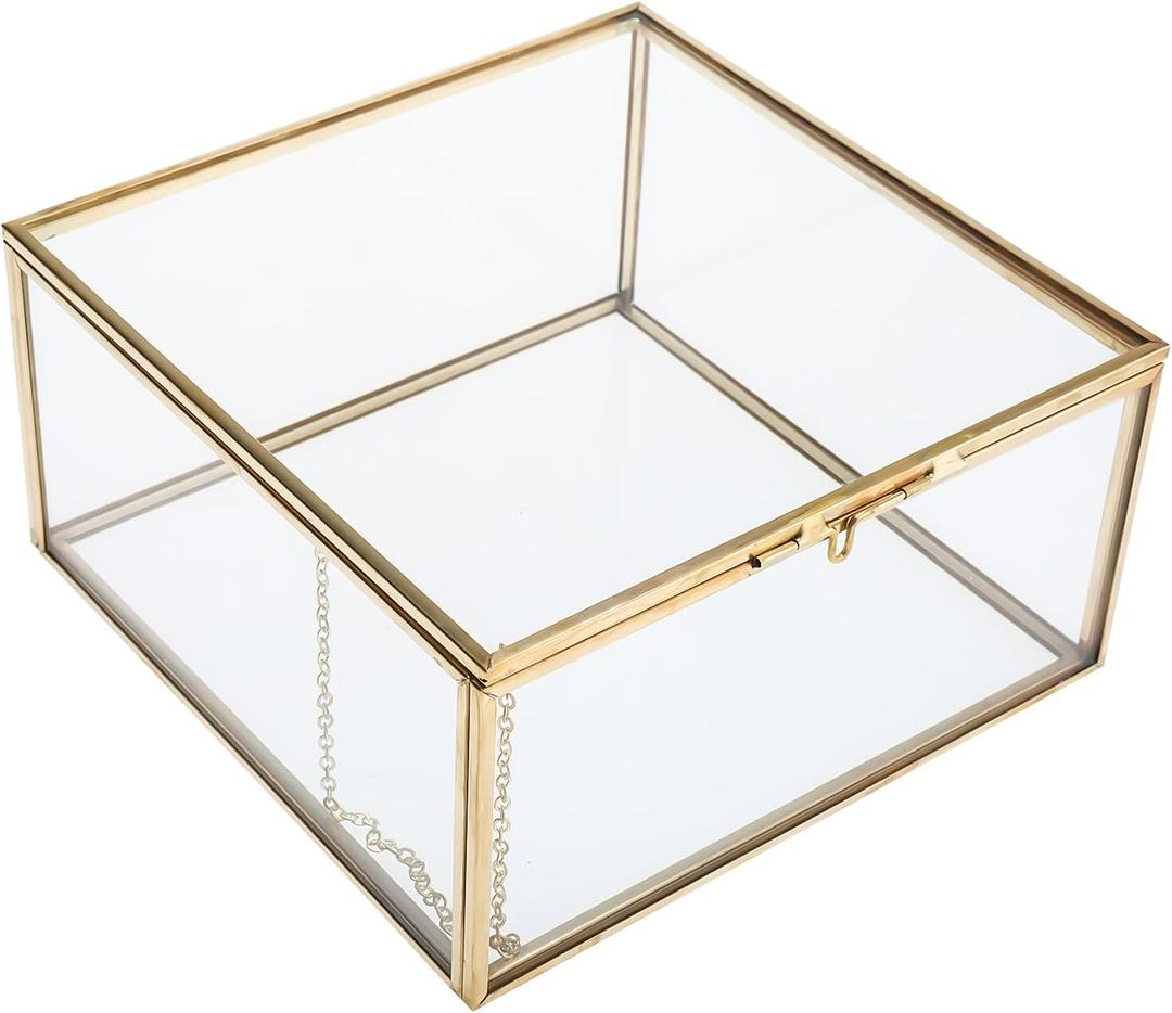 HighFree Vintage Glass Box with Lid - Clear Jewelry Glass Display Box Keepsake Box - Home Decor Decorative Box for Trinket Rings Bracelet (Gold, Small)