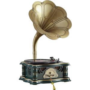 Wooden Vintage Gramophone Record Player, Retro Phonograph Record Players, 3 Speed Turntable for Vinyl Record with Bluetooth Audio in/USB Audio in/FM for Home/Office/Hotel/Christmas/Birthday/Party (green)