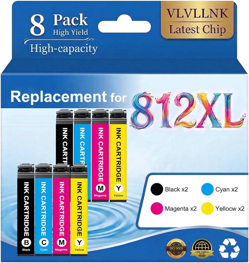 Replacement for 812XL Ink Cartridges Remanufactured for Epson 812XL Ink Cartridges Latest Upgrade (8-Pack) Work with WF-7310 WF-7820 WF-7840 EC-C7000 Printer (2Black 2Cyan 2Magenta 2Yellow)