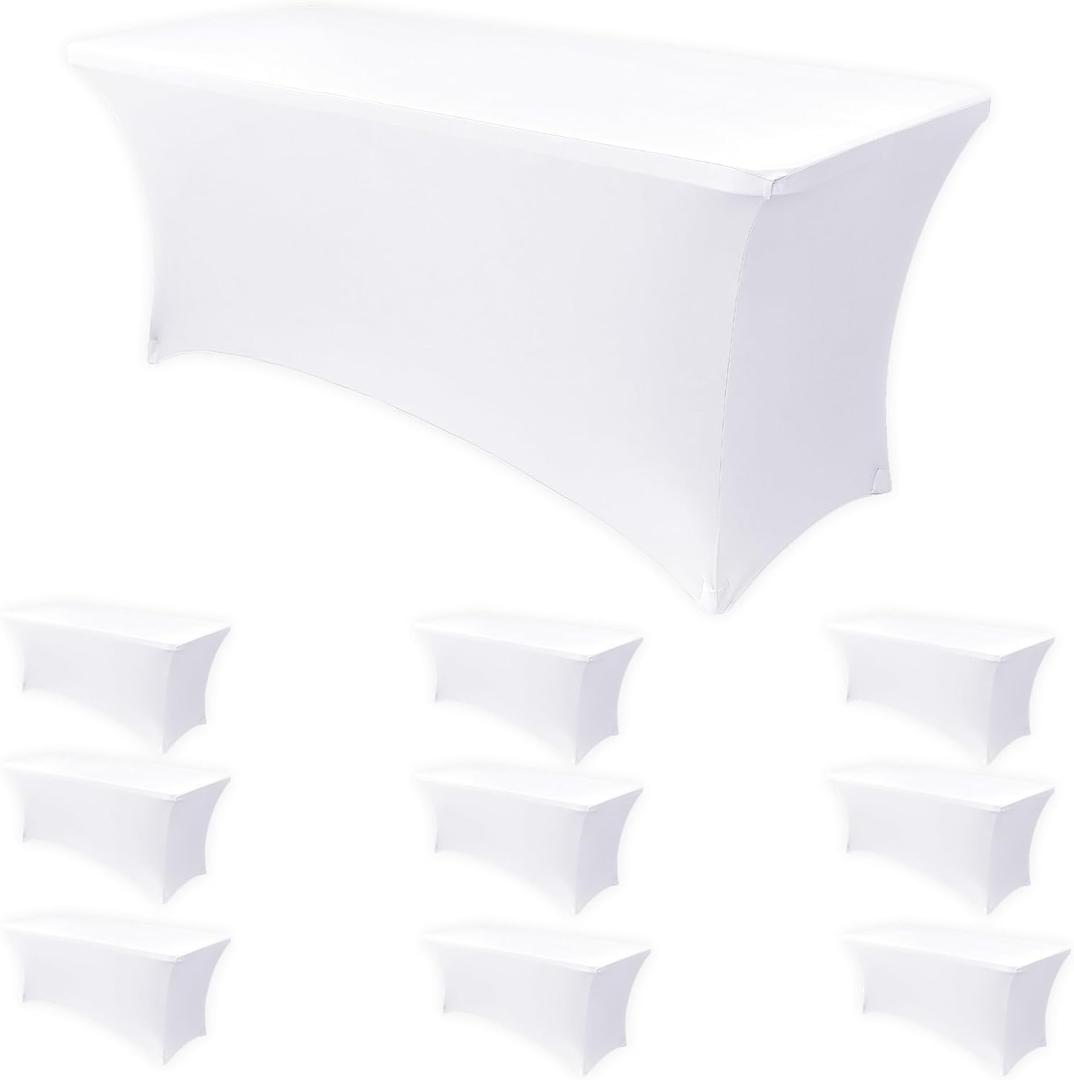Obstal 10-Pack Stretchy Spandex Tablecloth for 6 Foot Rectangular Table - Universal Fitted Table Covers, Ideal for Weddings, Banquets & Events (White, 72" L x 30" W x 30" H)