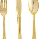 FOCUSLINE 75 Pack Gold Plastic Silverware Disposable Cutlery Set - 25 Forks Knives Spoons - Disposable Flatware Heavy Duty Plastic Utensils Set for Catering, Parties, Dinners, Weddings