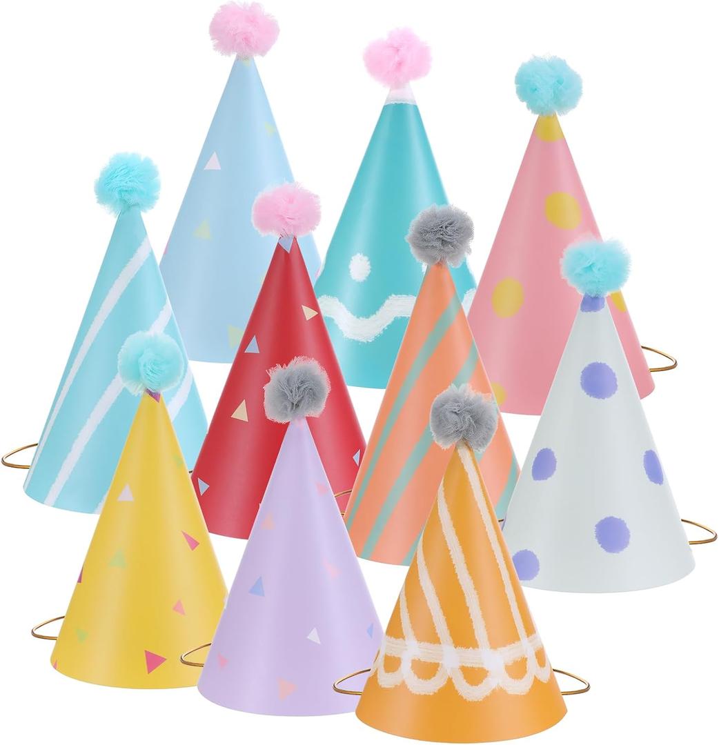 10 PCS Birthday Party Hats for Kids Adults, DIY Cone Hat with Pom Poms, Birthday Hats for Toddler Boys Girls, Paper Party Hat Fun Photo Props Baby Shower Celebration