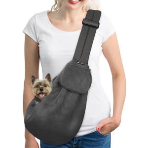 SlowTon Dog Carrier Sling - Thick Padded Shoulder Strap Adjustable Dog Carriers for Small Dogs, Puppy Carrier Purse for Pet Cat with Front Zipper Pocket Safety Belt Machine Washable (Grey Mesh M)