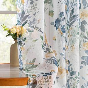 MYSKY HOME Floral Curtains for Living Room 72 inches Long Classic Printed Flower Leaf Sheer Curtains for Bedroom, Bathroom, Rod Pocket Window Drapes Yellow and Blue, 2 Panels, 52 x 72 inch