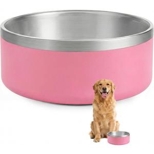 Dog Bowl, Stainless Steel Dog Bowls for Food and Water, Metal Pet Feeding Bowl with Insulated Non-Slip Quiet Bottom, Easy to Clean, Dishwasher Safe, 64oz,8 Cup | Pink