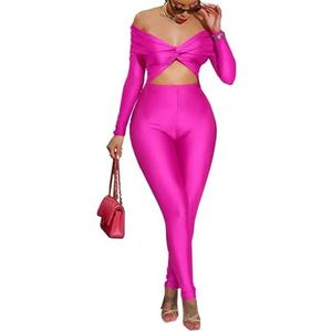 One Piece Jumpsuits for Women - Sexy Off The Shoulder Twist Front Cut Out High Waisted Bodycon Rompers Club Night Outfits, Large, Pink
