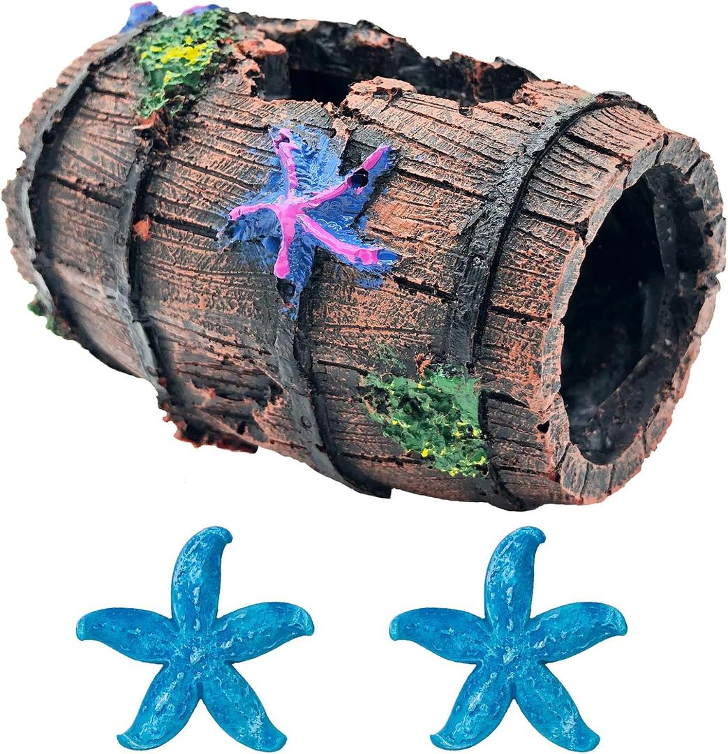 GSD Star-Fish Broken Barrel Decor Resin Betta Tank Accessories Ornaments for Cave Hide Decorations, Broken Barrel x 1pc, Blue Star Fish Ornaments x 2pcs