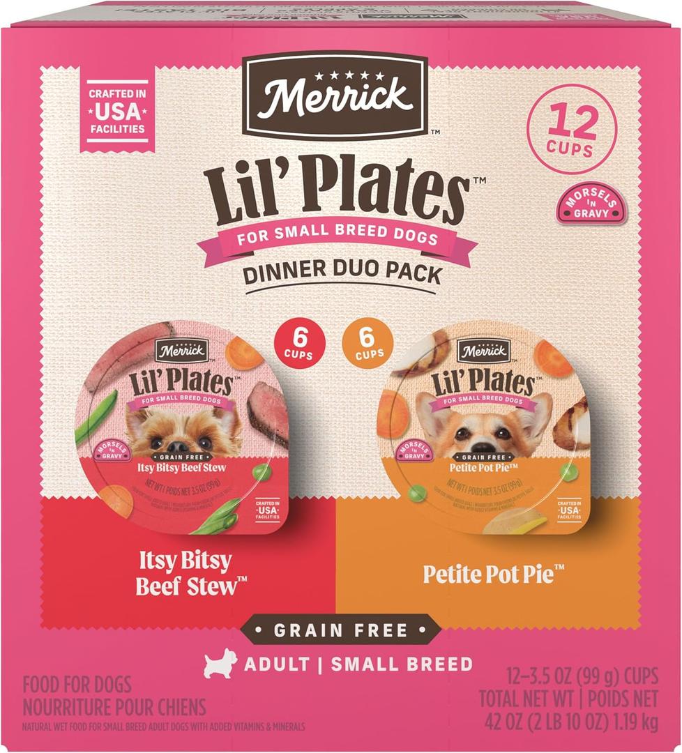 Merrick Lil Plates Grain Free Dinner Duos Soft Natural Wet Small Dog Food Variety Pack, Beef and Chicken - (Pack of 1) 2.6 lb. Tubs (EXP 12/01/26)