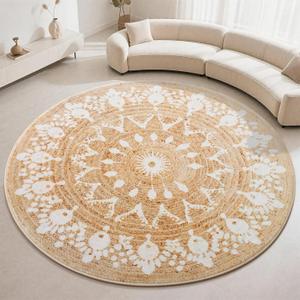 Carvapet Faux Jute Round Rug 6ft Jute-Like Pattern Design Washable Low Pile Area Rug with Non-Slip Rubber Backing, Soft Natural Look Decorative Circle Carpet for Living Room