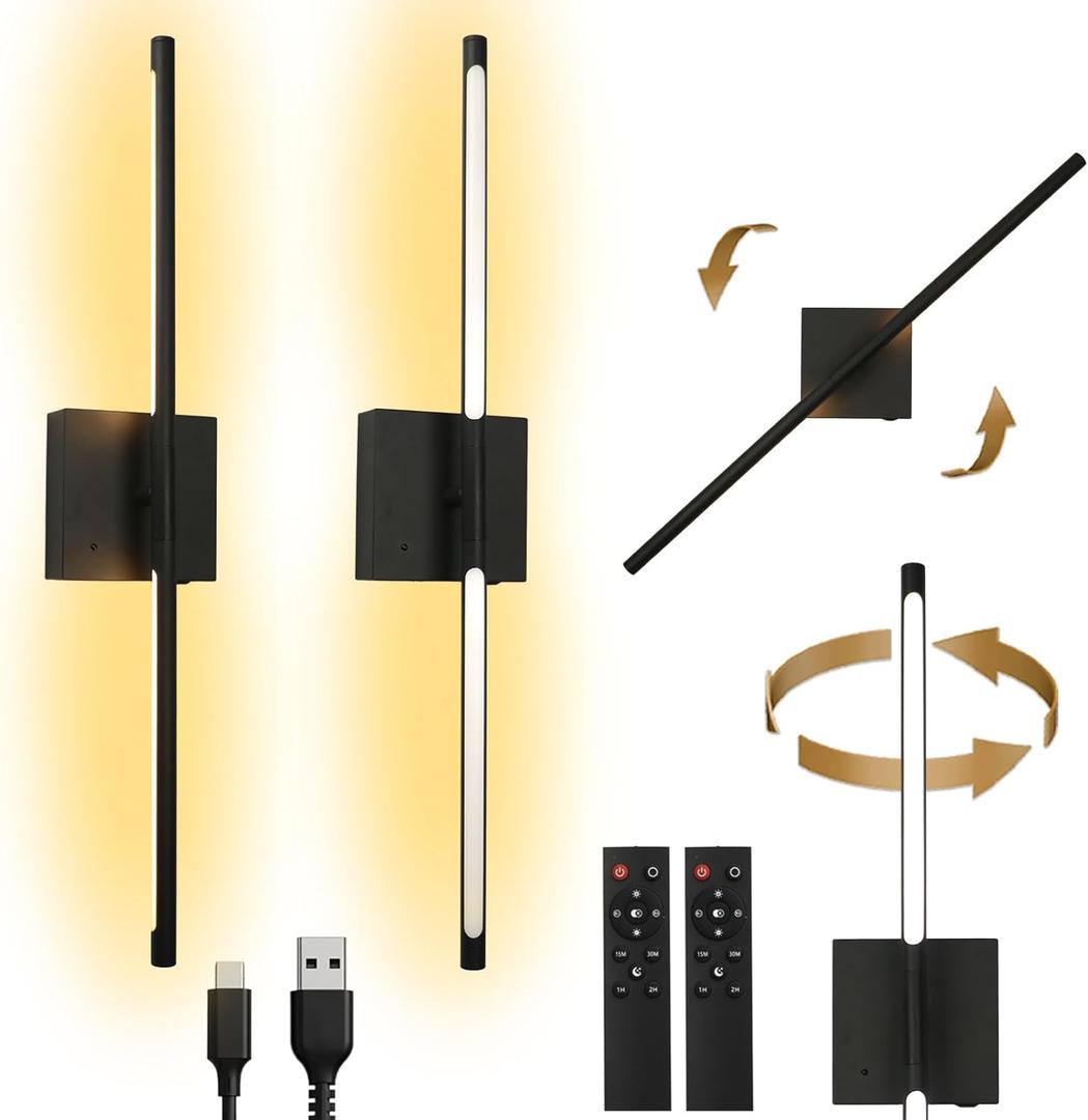Battery Operated Wall Sconce Set of 2 Rechargeable Wireless Cordless 12000ma 360 Rotation Large Wall Lights lamp Modern Decor Linear Long Metal Black 28"