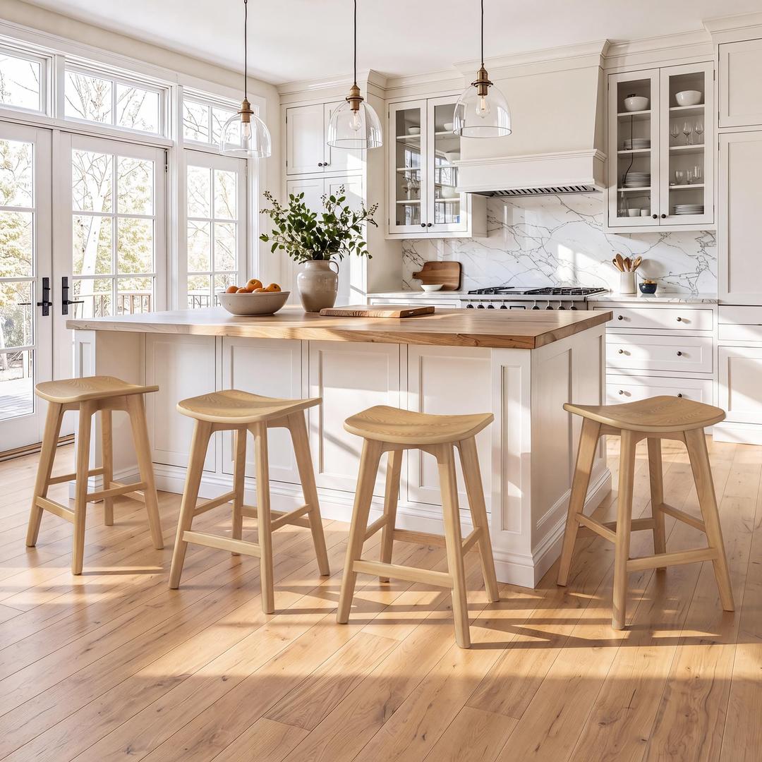LUE BONA Bar Stools Set of 3, 24" Elm Wood, for Kitchen Island, Natural
