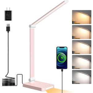 LED Desk Lamp with USB Ports,Touch Desk Lamps for Home Office with 5 Color Modes,3 Brightness Desk Light with Small Night Light,Reading Lamp Table Lamp for Bedroom Bedside Study Pink with adapter
