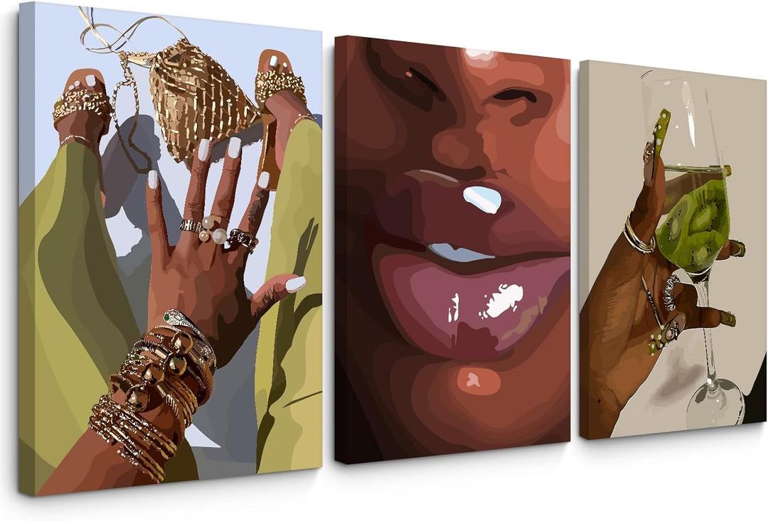 Black Girl Wall Art African Woman Canvas Wall Decor American Black Women Wall Art Black Female Pictures Fashion Abstract Poster for Home Bedroom 16x24 Inch Framed Set of 3 (Black Hands Prints)