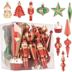 22Pcs Christmas Tree Ornaments Set, Hand Painted Nutcracker Snowman Cupcake Baubles, Shatterproof Plastic Christmas Decorations for Tree, Holiday Hanging Decor (Red &Green)