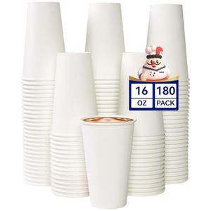 JOLLY CHEF 180 Count 16 oz Coffee Cups, White Drinking Paper Cups for Coffee, Water, Juice, or Tea, Suitable for Party, Picnic, Travel, and Events