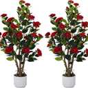 2 Pack Artificial Camellia Tree with White Pot, 38" Faux Potted Plants for Indoor Outdoor Decor, Tall Silk Greenery Plant for Home Offce Living Room Balcony,White, Red