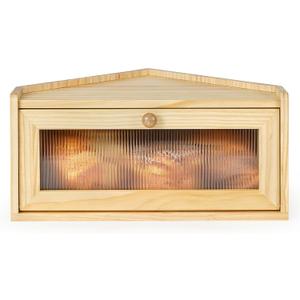 Sunhoo Bread Box for Kitchen Countertop Wooden Corner Breadbox Counter Food Storage Bin Container Farmhouse Rustic Homemade Bread Fresh Keeper Organizer Holder Vintage Stackable with Window (Yellow)