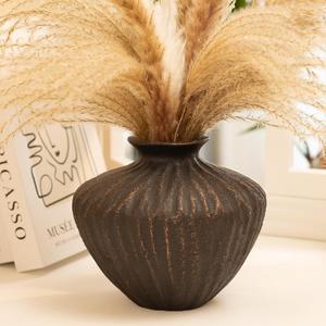 Small Black Ceramic Vase 6 Inch Handmade Sculptural Decor with Hand-Painted Gold Detailing Organic Accent Flower Vase for Shelf, Entryway or Table Modern Minimalist Home Decoration