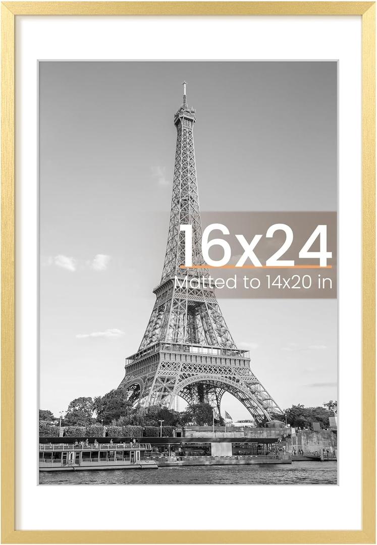 upsimples 16x24 Picture Frame, Display Pictures 14x20 with Mat or 16 x 24 Without, Wall Hanging Poster Frames, Gold, 1 Pack